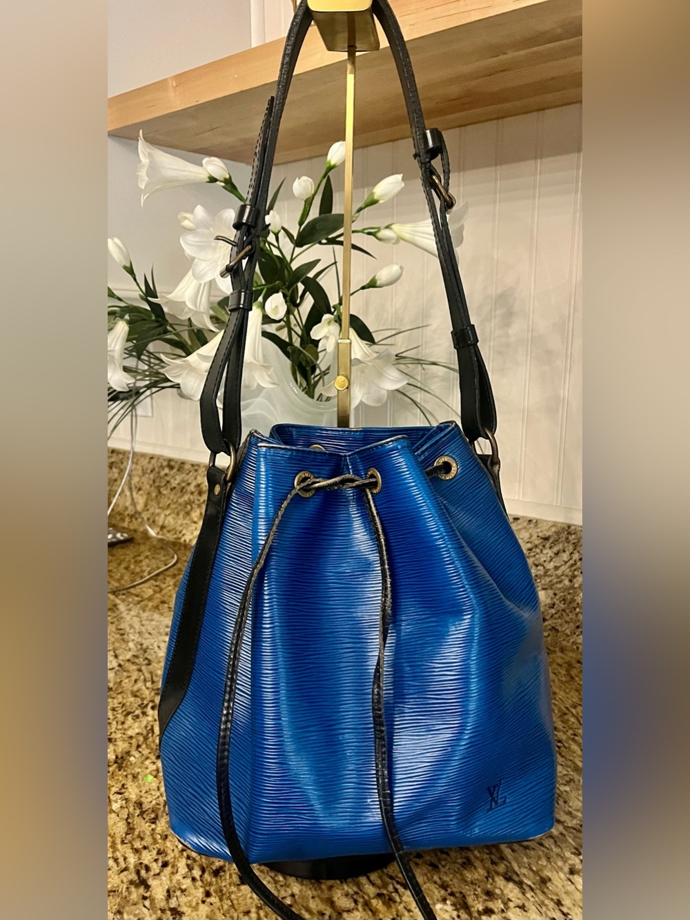 Louis Vuitton Blue Epi Drawstring Bucket Bag with Black Straps